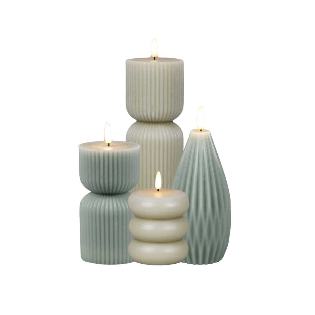 JUNO ledkaars led kaarsen olijfgroen groen hoge ribbel kegel ovaal donut beige